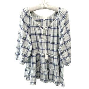 ANTHROPOLOGIE | eri + ali White Blue Plaid Peplum Boho Blouse Top | Large